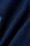Deep Blue Fashion Casual Solid Turndown Collar Long Sleeve Regular Ripped Distressed Denim Jacket