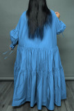 Himmelblaues, lässiges, solides Patchwork-Knöpfe-Falten-Hemdkleid mit Umlegekragen Kleider in Übergröße