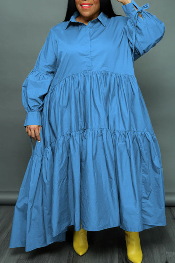 Himmelblaues, lässiges, solides Patchwork-Knöpfe-Falten-Hemdkleid mit Umlegekragen Kleider in Übergröße