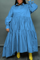 Vestido de camisa de cuello vuelto con botones de retazos lisos informal azul cielo vestidos de talla grande