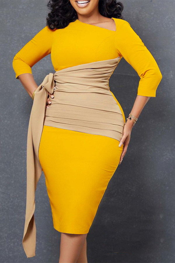 Желтые повседневные платья-юбки-карандаш в стиле пэчворк с косой уздечкой и воротником-стойкой