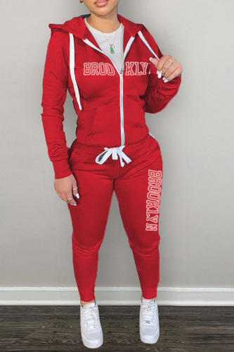 Red Street Print Letter Hooded Collar Long Sleeve Two Pieces