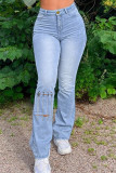 Jeans in denim regolari a vita alta con patchwork solido casual blu scuro