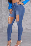Голубые повседневные однотонные рваные лоскутные металлические аксессуары с украшением, джинсы скинни с высокой талией