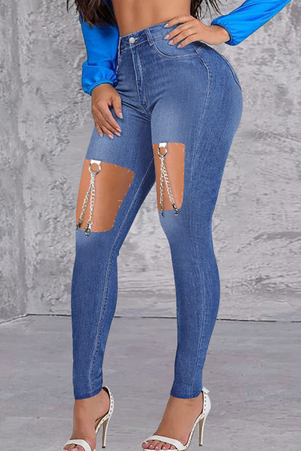 Mittelblaue, lässige, solide, zerrissene Patchwork-Metall-Accessoires, Dekoration, hohe Taille, Skinny-Denim-Jeans