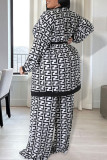 Black White Casual Print Bandage Patchwork Plus Size Two Pieces