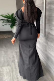 Black Sexy Solid Bandage Hollowed Out Patchwork Backless Slit Straight Dresses