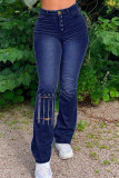 Jeans in denim regolari a vita alta con patchwork solido casual blu baby Decorazione accessori in metallo