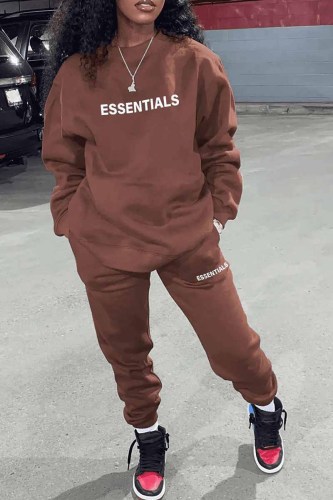 Brown Street Print Letter O Neck Long Sleeve Two Pieces