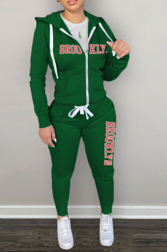 Green Street Print Letter Hooded Collar Long Sleeve Two Pieces
