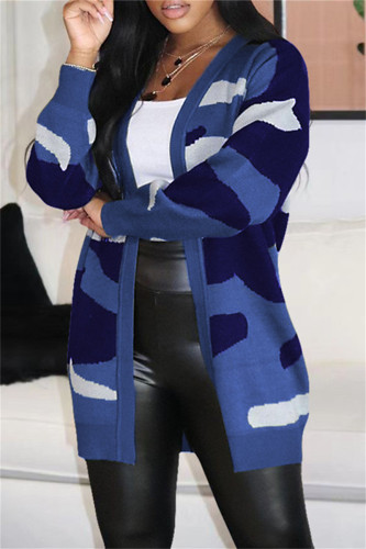 Abrigo de talla grande de cárdigan con estampado casual azul