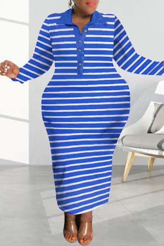 Blue Casual Striped Print Patchwork Turndown Collar Long Sleeve Plus Size Dresses