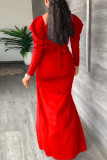Rojo sexy sólido vendaje ahuecado hacia fuera patchwork sin espalda hendidura vestidos rectos