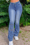 Azul bebê casual patchwork sólido acessórios de metal decoração cintura alta regular jeans