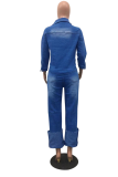 Veste en jean droite à manches longues et col rabattu bleu uni