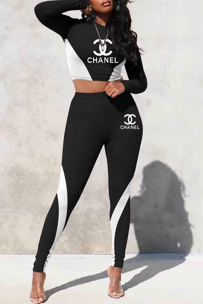 

Black Sexy Print Patchwork Letter O Neck Long Sleeve Two Pieces