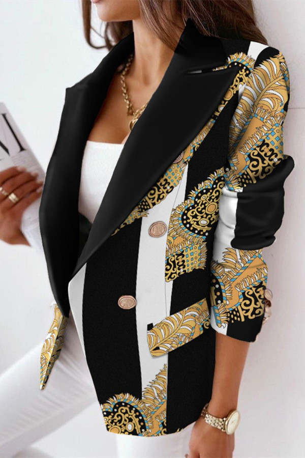 Zwart Geel Mode Casual Print Patchwork Slit Turn-back Kraag Bovenkleding