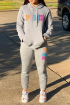 Grey Casual Print Patchwork Hooded Collar Long Sleeve Two Pieces