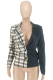 White Casual Plaid Print Patchwork Cardigan Turn-back Collar Outerwear