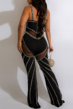 Black Sexy Patchwork Hot Drilling See-through Backless V Neck Regular Jumpsuits