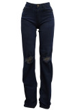 Jeans jeans denim azul escuro casual sólido rasgado patchwork cintura alta