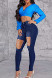 Medium blauwe casual effen gescheurde patchwork metalen accessoires decoratie hoge taille skinny denim jeans