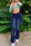 Blå Casual Solid Patchwork Metalltillbehör Dekoration Vanliga jeans med hög midja