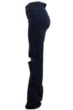 Темно-синие повседневные однотонные рваные джинсы с высокой талией в стиле пэчворк