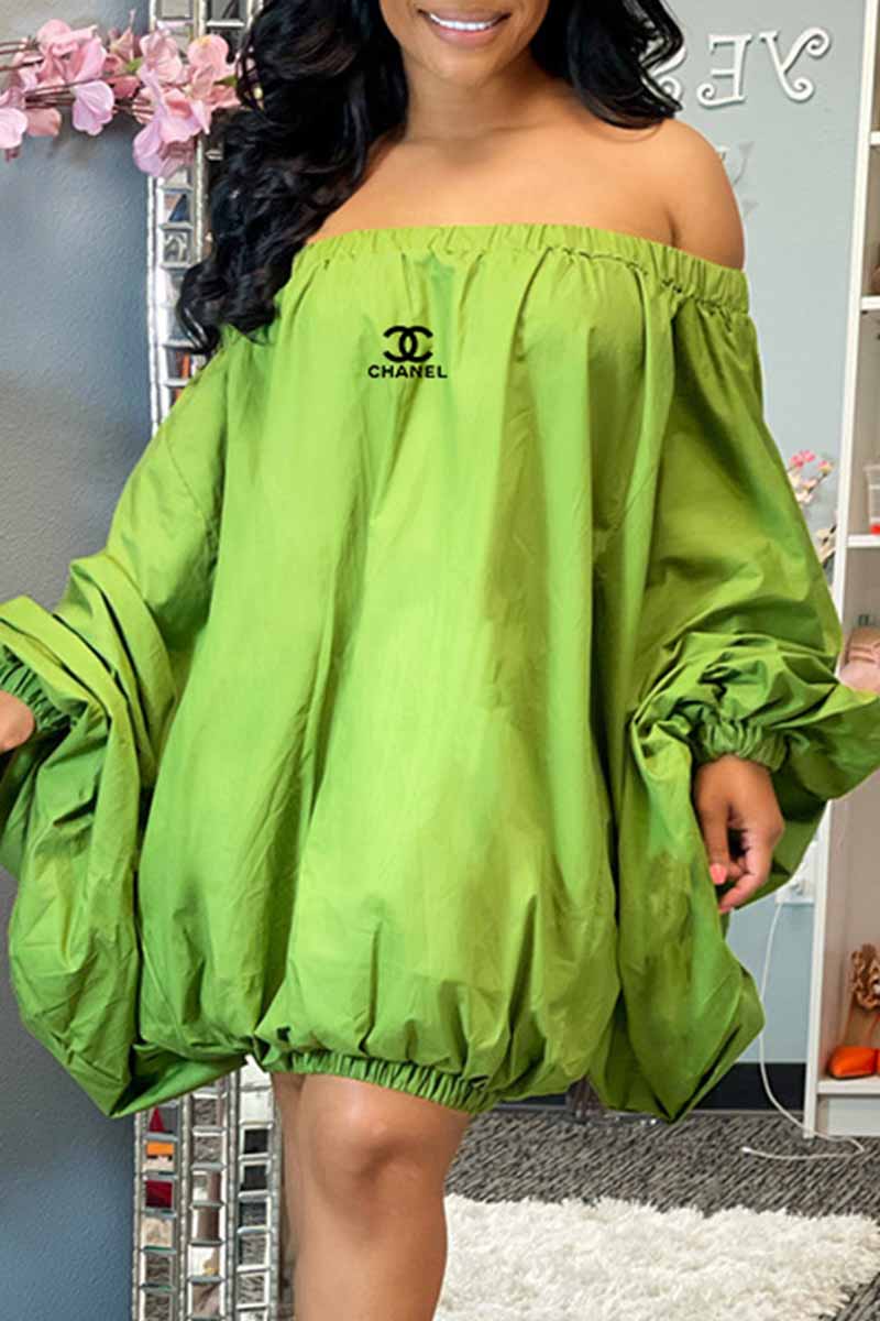 

Green Street Print Letter Off the Shoulder Lantern Skirt Dresses