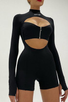 Black Sexy Print Hollowed Out Patchwork Asymmetrical Zipper Turtleneck Skinny Jumpsuits