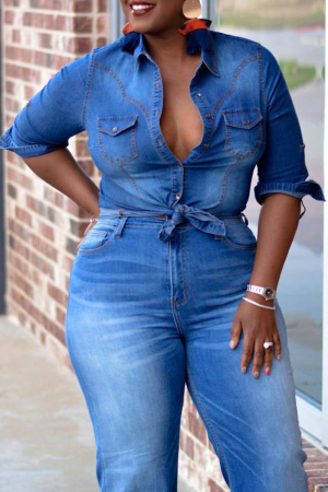 Blue Street Solid Patchwork Turndown Collar Long Sleeve Straight Front Tie Denim Jacket