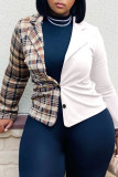 Kaki casual geruite print patchwork vest bovenkleding met omgeslagen kraag