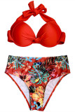 Red Sexy Print Bandage Patchwork Backless Swimwears (With Paddings)