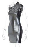 Dark Gray Sexy Solid Patchwork Oblique Collar Pencil Skirt Dresses