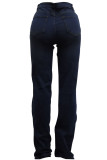 Donkerblauwe casual effen gescheurde patchwork hoge taille denim jeans