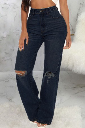 Dark Blue Casual Solid Patchwork High Waist Ripped Denim Jeans