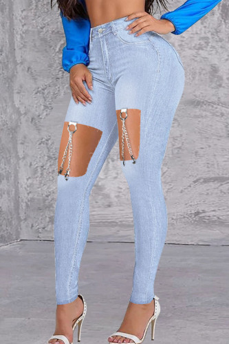 Bleu clair décontracté solide patchwork métal accessoires décoration taille haute jean skinny denim