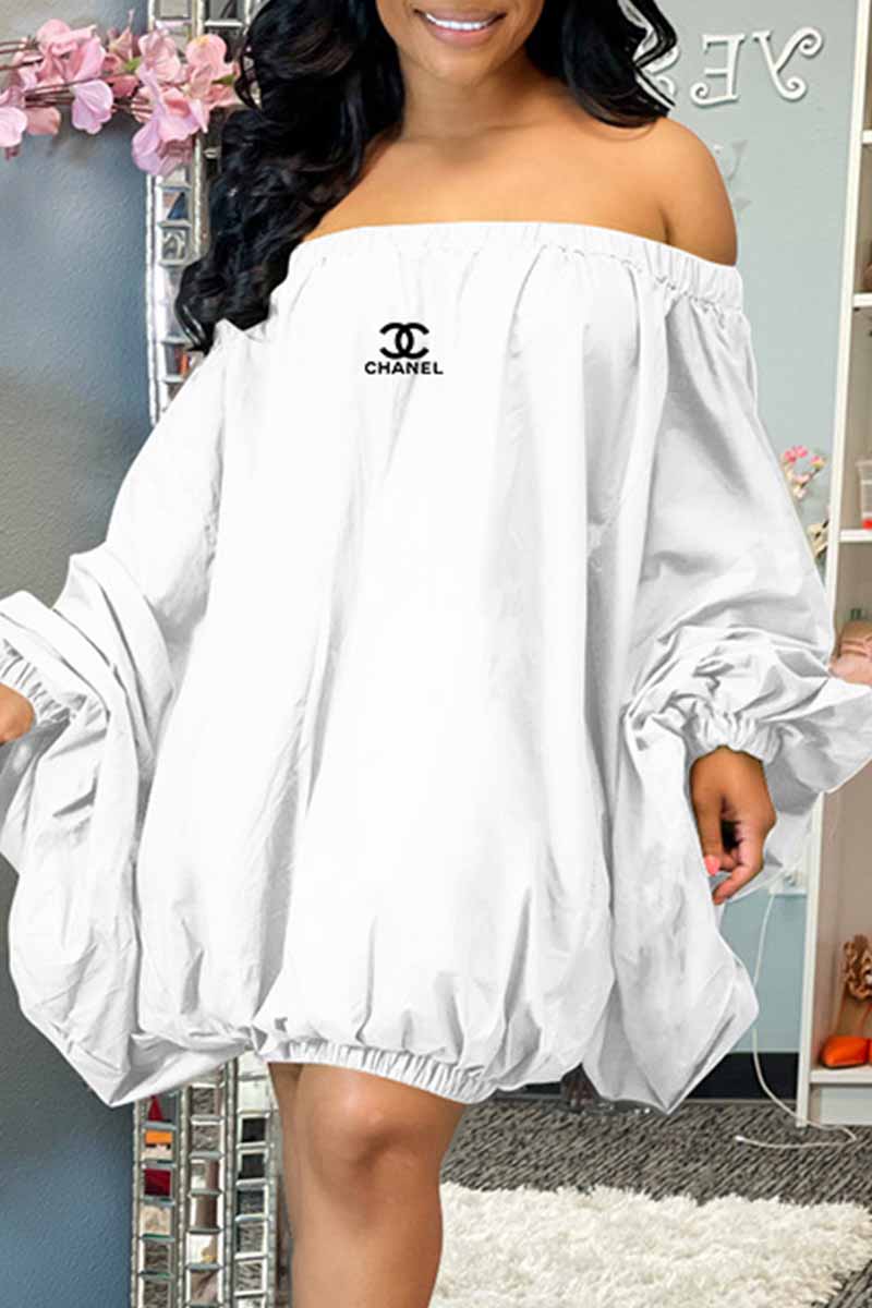 

White Street Print Letter Off the Shoulder Lantern Skirt Dresses