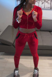Rosso casual abbigliamento sportivo solido patchwork collo con cappuccio manica lunga due pezzi