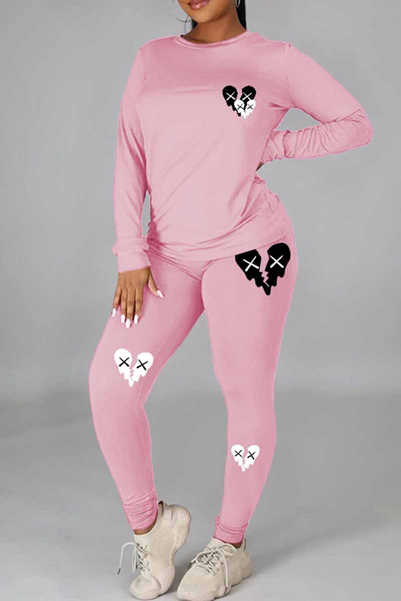 

Pink Casual Print Patchwork O Neck Long Sleeve Two Pieces