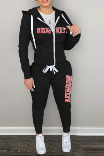 Black Street Print Letter Hooded Collar Long Sleeve Two Pieces