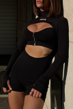 Schwarzer, sexy, ausgehöhlter, asymmetrischer Rollkragenpullover mit Reißverschluss und Patchwork