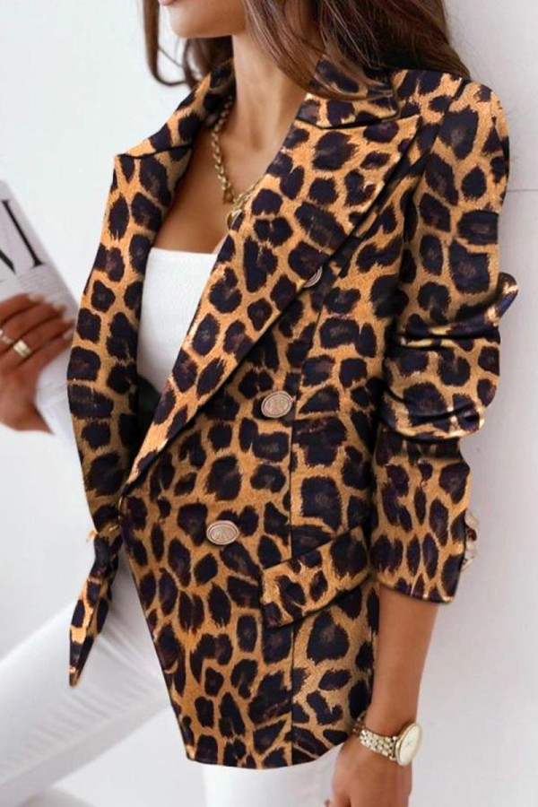 Леопардовый принт Модная повседневная верхняя одежда с лоскутным принтом и разрезом с отложным воротником