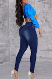 Mittelblaue, lässige, solide, zerrissene Patchwork-Metall-Accessoires, Dekoration, hohe Taille, Skinny-Denim-Jeans