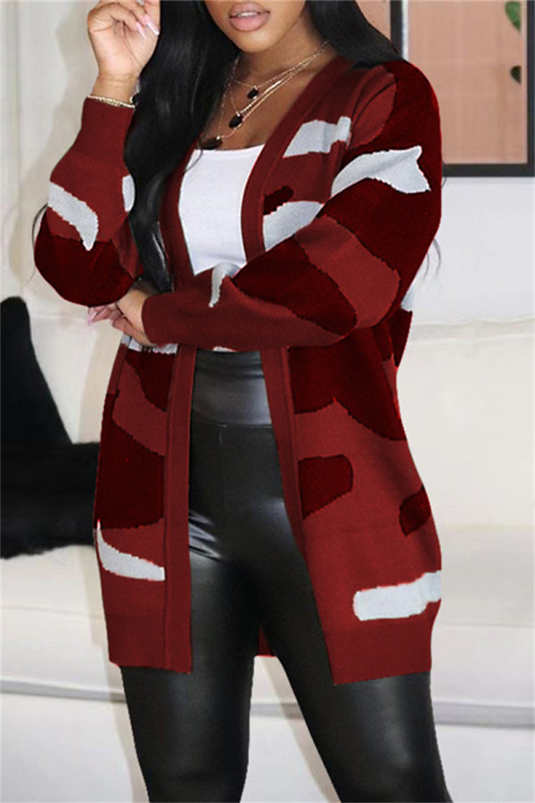 Roter Casual Print Cardigan Plus Size Mantel