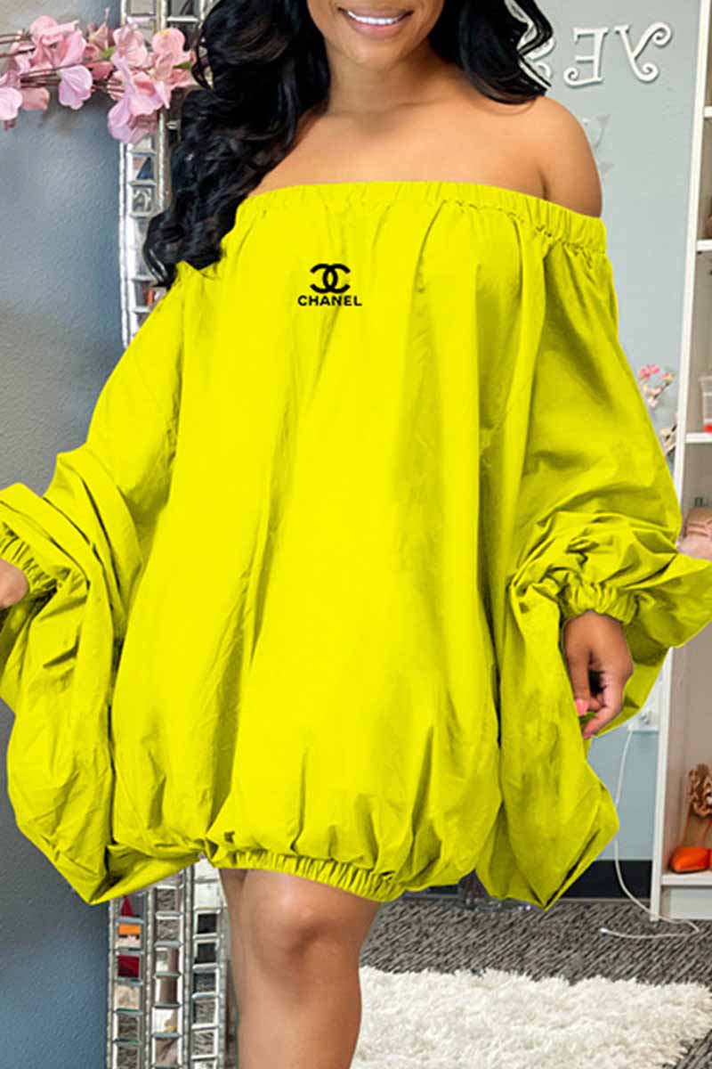 

Yellow Street Print Letter Off the Shoulder Lantern Skirt Dresses