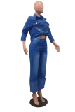 Jaqueta jeans reta com gola de retalhos azul street sólida manga longa
