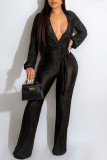 Champagne Sexy Solid Patchwork Fold V Neck Straight Jumpsuits
