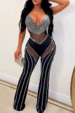 Black Sexy Patchwork Hot Drilling See-through Backless V Neck Regular Jumpsuits