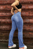 Blaue beiläufige solide Patchwork-Metallzubehör-Dekoration-hohe Taillen-regelmäßige Denim-Jeans